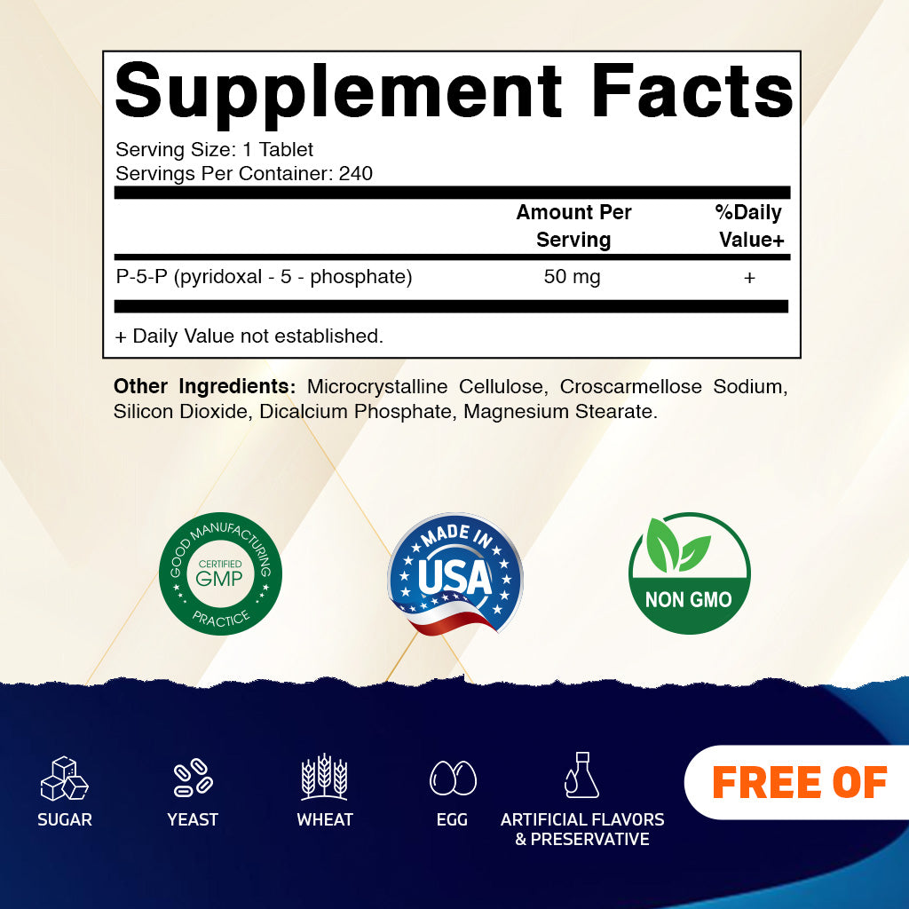 P5P 50 mg – Pyridoxal-5-Phosphate – Active Form of Vitamin B6 – 240 Tablets