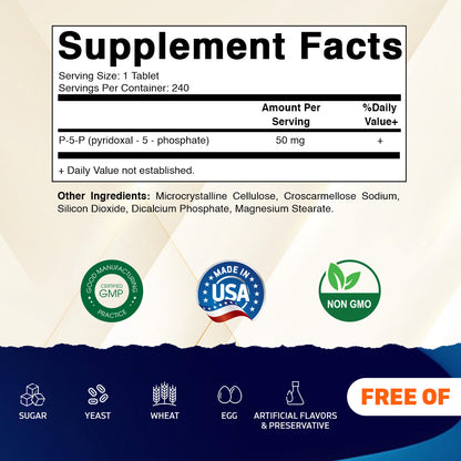 P5P 50 mg – Pyridoxal-5-Phosphate – Active Form of Vitamin B6 – 240 Tablets