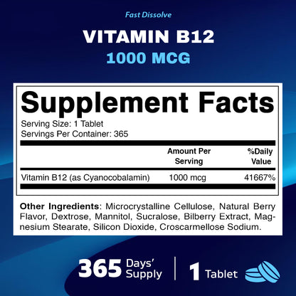 Vitamin B12 1000 mcg - 365 Fast Dissolve Tablets