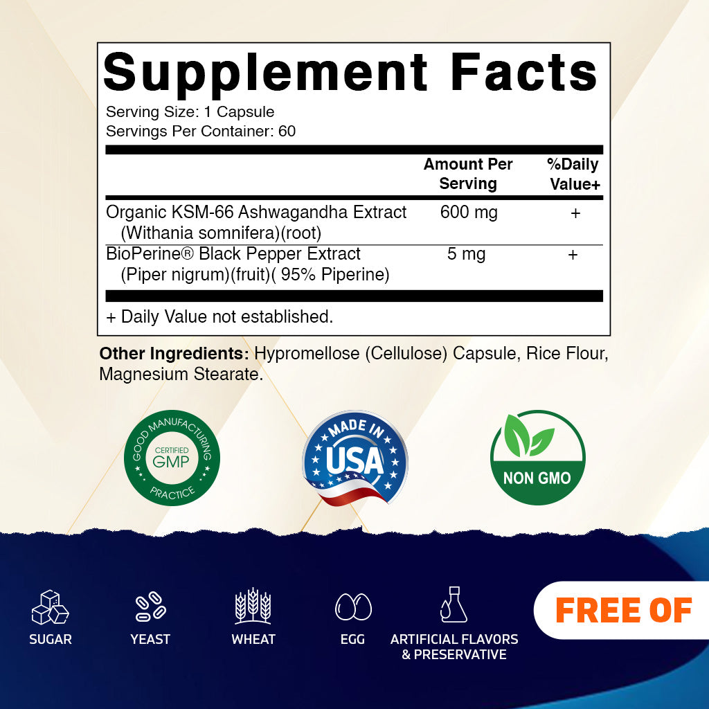 KSM-66 Ashwagandha Root Extract + Bioperine - 600mg, 60 Veggie Caps