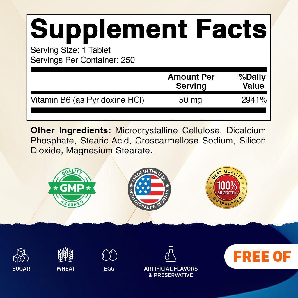Vitamin B6 50mg High Potency, 250 Tablets