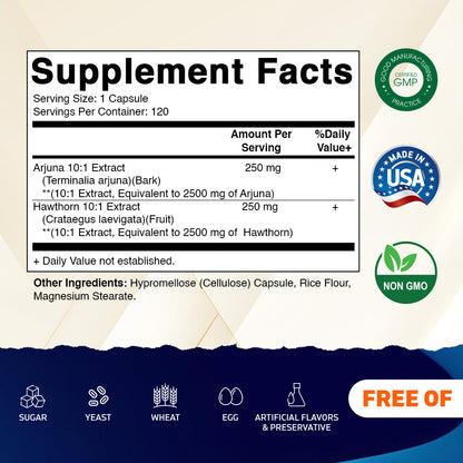 Arjuna 2500mg + Hawthron 2500 mg - 120 Vegetable Capsules