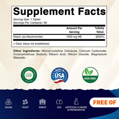 Vitamatic Niacinamide 1000 mg 90 Tablets - Flush Free Vitamin B3