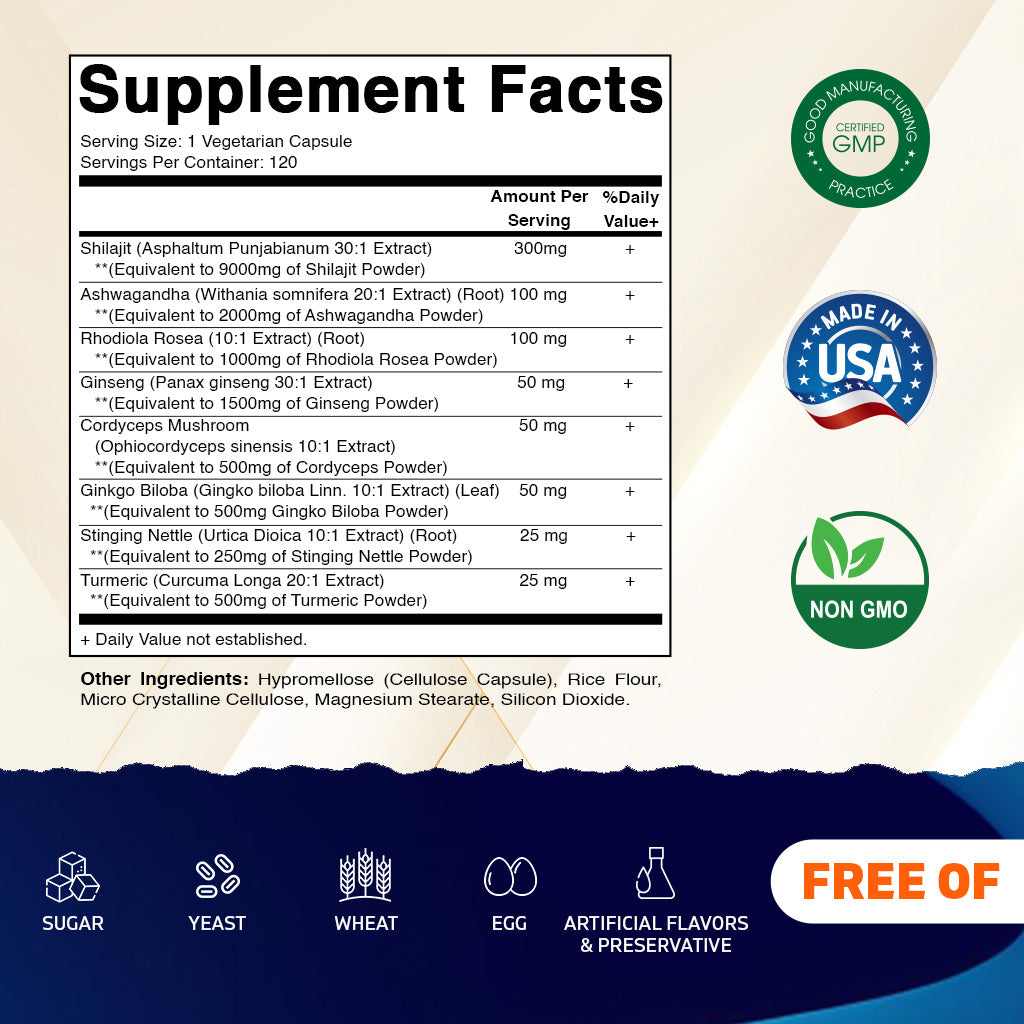 Shilajit Complex Capsules, 9000mg Equivalent, with Ashwagandha, Rhodiola, Ginseng, Cordyceps, Ginkgo, Nettle, Turmeric - 120 Veggie Capsules