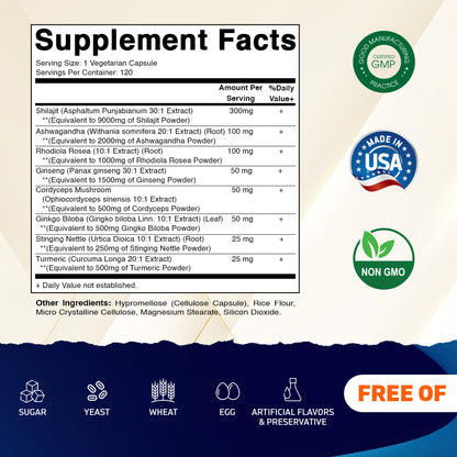 Shilajit Complex Capsules, 9000mg Equivalent, with Ashwagandha, Rhodiola, Ginseng, Cordyceps, Ginkgo, Nettle, Turmeric - 120 Veggie Capsules