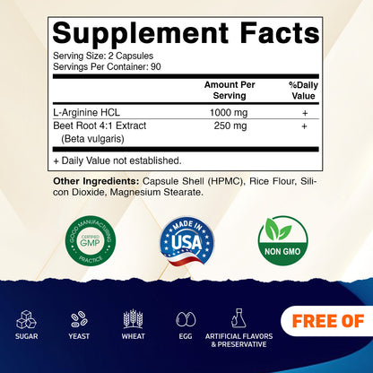 Beet Root + L-Arginine Capsules – 1000 mg L-Arginine HCl & 250 mg Beet Root Extract – 180 Veg Capsules