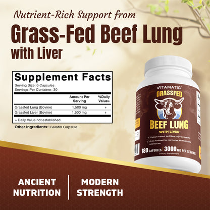 Vitamatic Grass-Fed Beef Lung with Liver 180 Capsules – Freeze-Dried, Non-GMO, Bovine Liver Supplement – (180 Capsules, Lung)