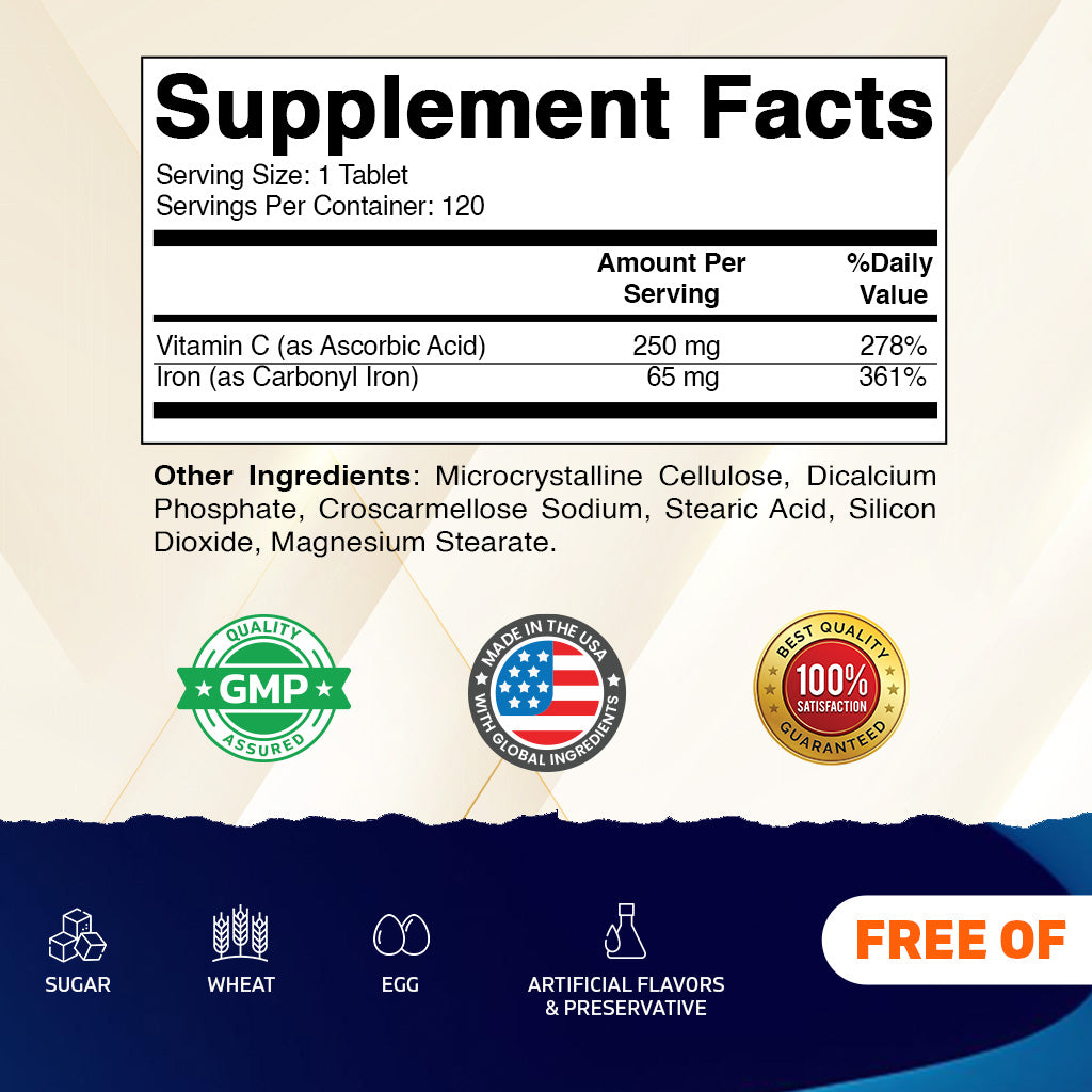 Vitamatic Carbonyl Iron 65mg + Vitamin C, 120 Tablets