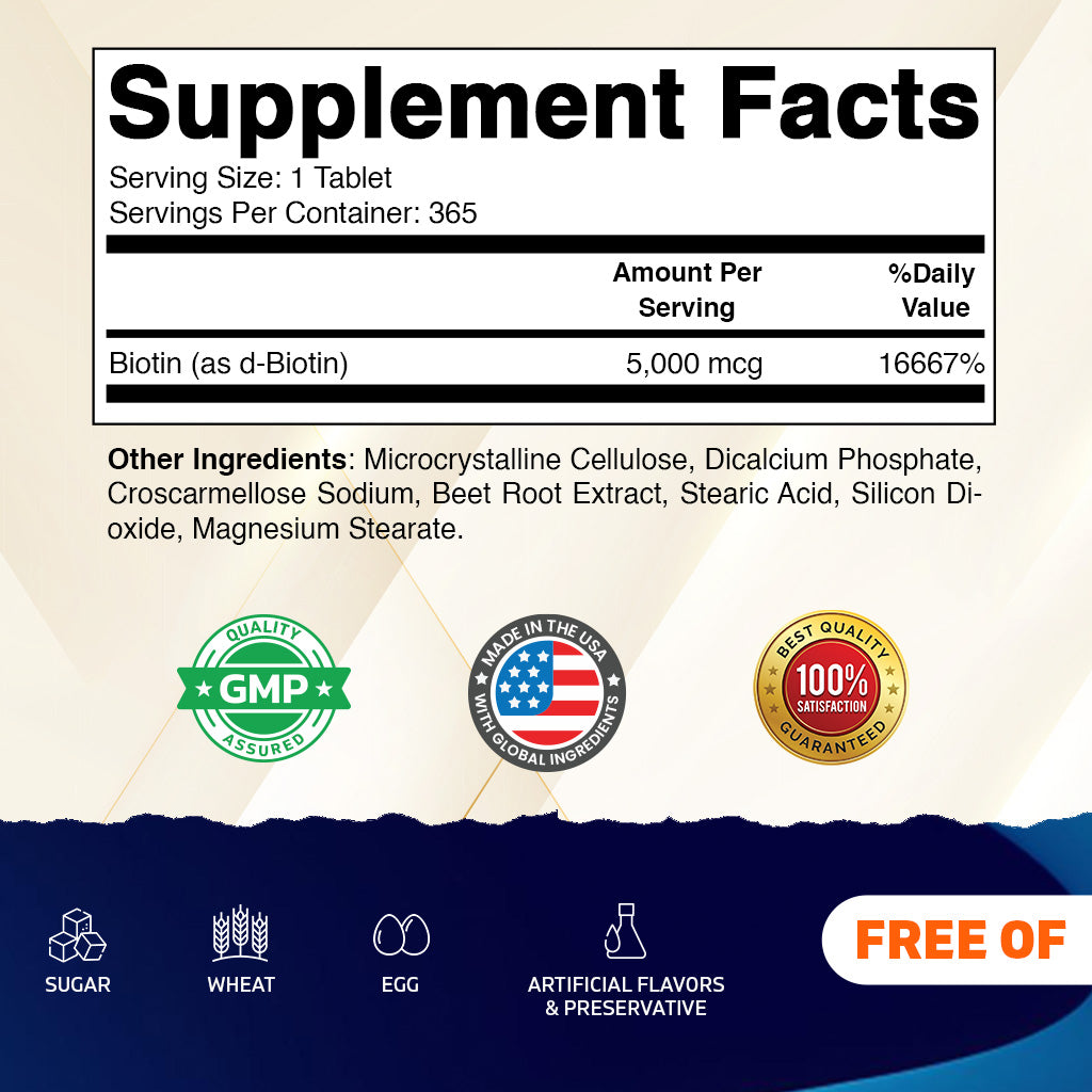 Biotin 5000 mcg Vegan Supplement, 365 Tablets