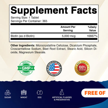 Biotin 5000 mcg Vegan Supplement, 365 Tablets