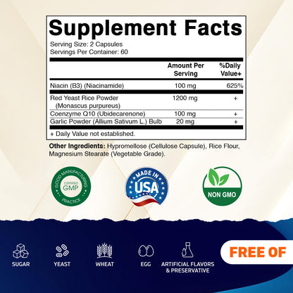 Citrinin-Free Red Yeast Rice 1200 mg. Capsules with CoQ10 100mg, Flush Free Niacin 100mg, & Garlic 20mg - 120 Veg Capsules