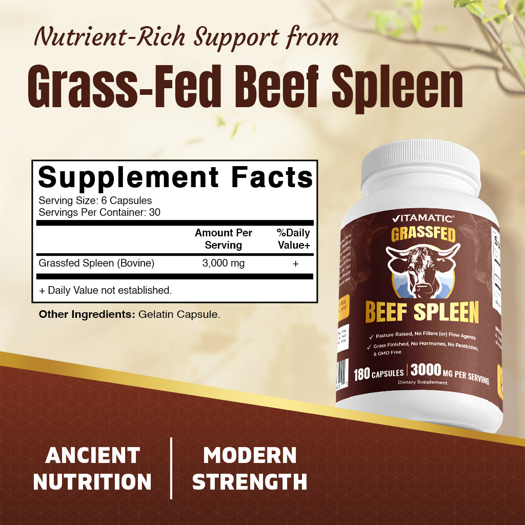 Vitamatic Grass-Fed Beef Spleen 180 Capsules – Freeze-Dried, Non-GMO, Bovine Supplement – Pasture-Raised, Glandular-Based Formula (180 Capsules, Spleen)