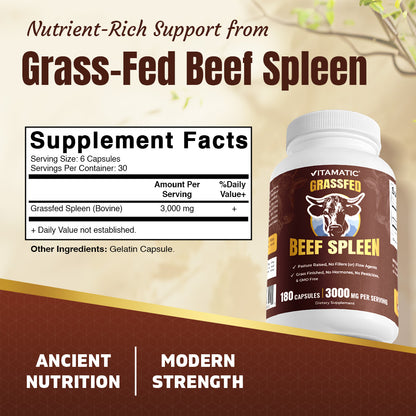 Vitamatic Grass-Fed Beef Spleen 180 Capsules – Freeze-Dried, Non-GMO, Bovine Supplement – Pasture-Raised, Glandular-Based Formula (180 Capsules, Spleen)