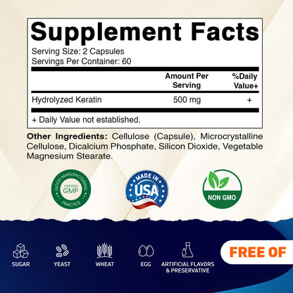 Hydrolyzed Keratin 500mg per Serving - 120 Vegetarian Capsules