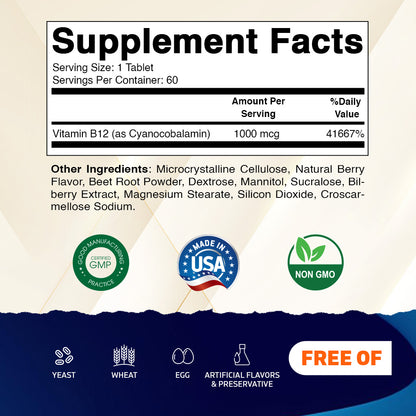 Vitamin B12 1000 mcg Fast Dissolve – 60 Tablets – Natural Berry Flavor
