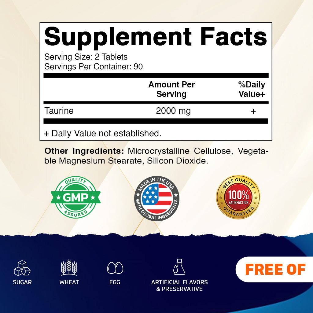 Taurine 2000mg Per Serving Supplement, 180 Veg Tablets