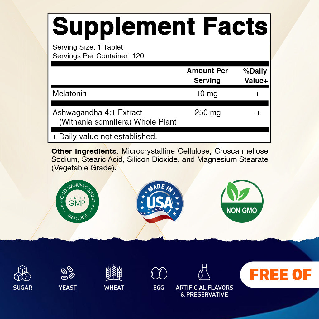 Vitamatic Melatonin 10mg + Ashwagandha 4:1 Extract, 120 Tablets