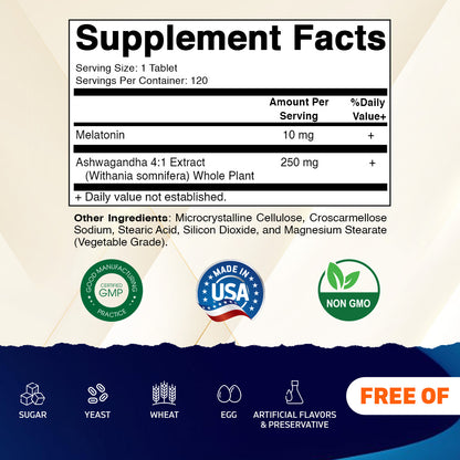 Vitamatic Melatonin 10mg + Ashwagandha 4:1 Extract, 120 Tablets