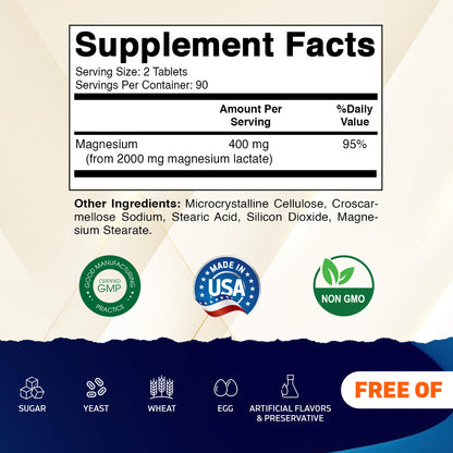 Magnesium Lactate 2000mg per Serving – 180 Tablets