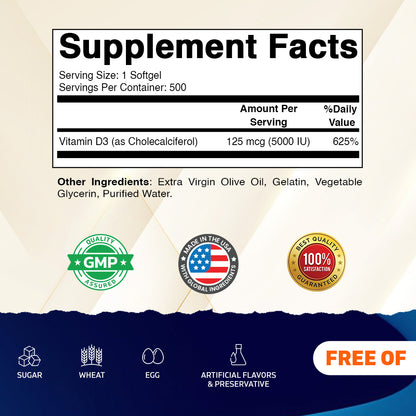 Vitamin D3 5000 IU (125 mcg), 500 Softgels