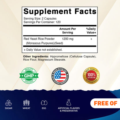 Red Yeast Rice 1200mg Supplement, 240 Capsules
