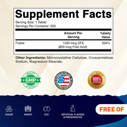 Folic Acid 800 mcg Supplement, 500 Veg Tablets