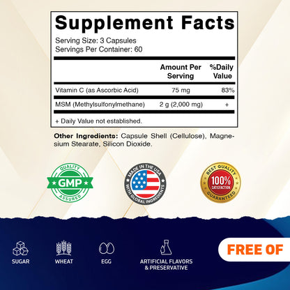 MSM 2000mg with Vitamin C 75mg, 180 Veg Capsules