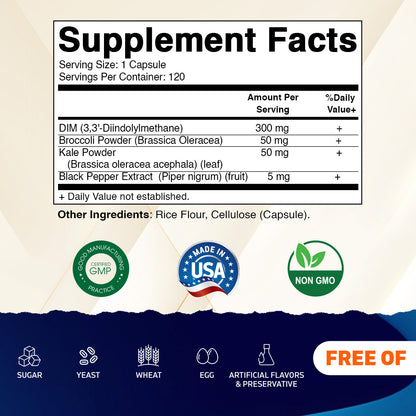 DIM Supplement Complex for Women & Men 300mg 120 Veg Capsules