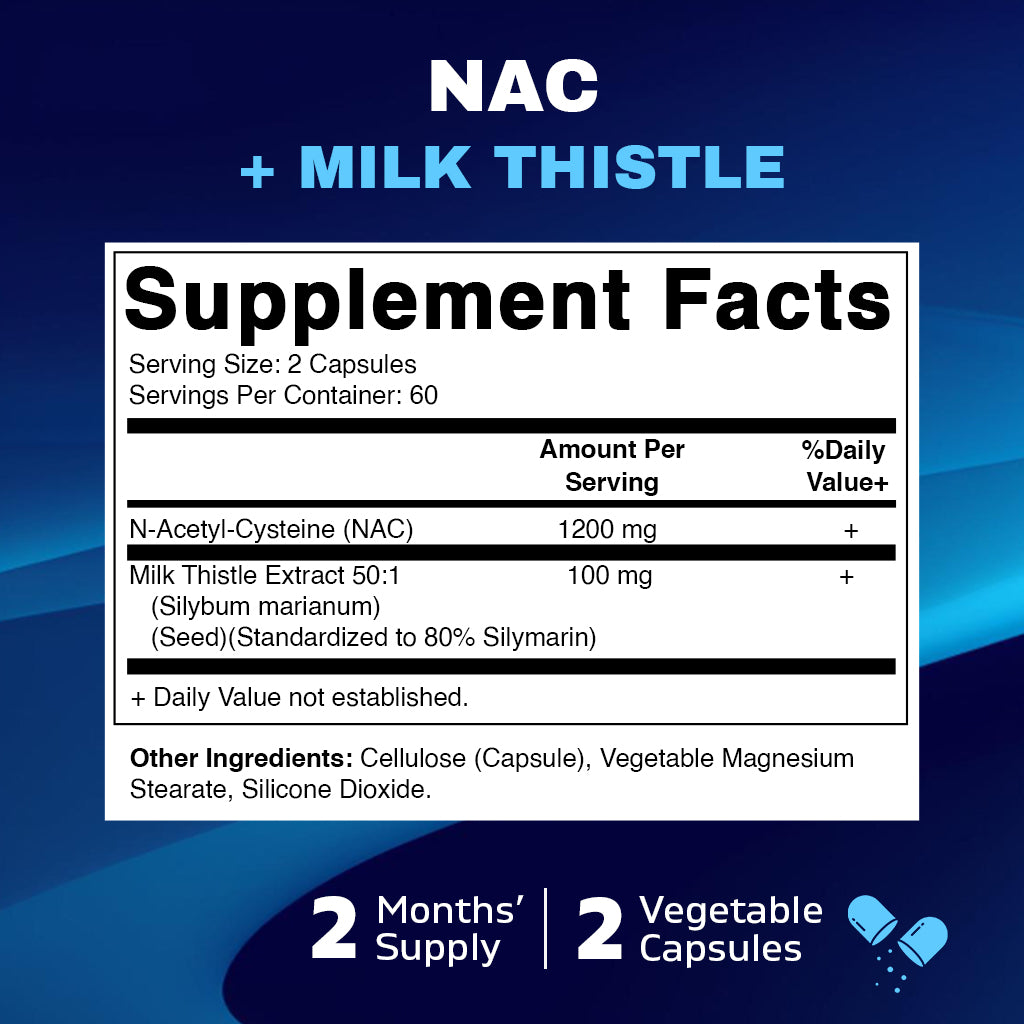 NAC Supplement N-Acetyl-L-Cysteine (NAC) with Milk Thistle Extract - 120 Veg Capsules