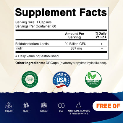Vitamatic Bifidobacterium lactis - 20 Billion per DR Capsule - 60 Count - Digestive Support - Made with Prebiotic Inulin Fiber