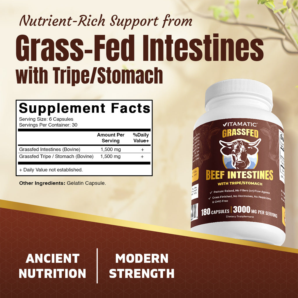 Vitamatic Grass-Fed Beef Intestines + Tripe/Stomach 180 Capsules – Freeze-Dried, Non-GMO, Bovine Liver Supplement – Pasture-Raised, Glandular-Based Formula