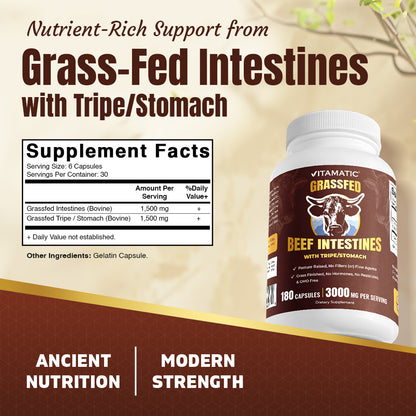 Vitamatic Grass-Fed Beef Intestines + Tripe/Stomach 180 Capsules – Freeze-Dried, Non-GMO, Bovine Liver Supplement – Pasture-Raised, Glandular-Based Formula