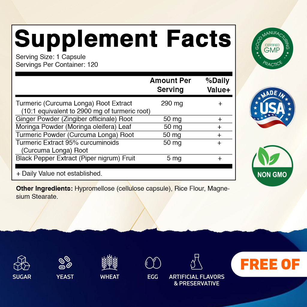 Turmeric Curcumin 3000mg, 95% Curcuminoids, Black Pepper, Ginger, Moringa - 120 Vegetable Capsules