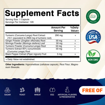 Turmeric Curcumin 3000mg, 95% Curcuminoids, Black Pepper, Ginger, Moringa - 120 Vegetable Capsules