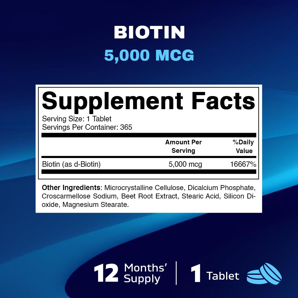 Biotin 5000mcg (5 mg) 365 Vegan Tablets