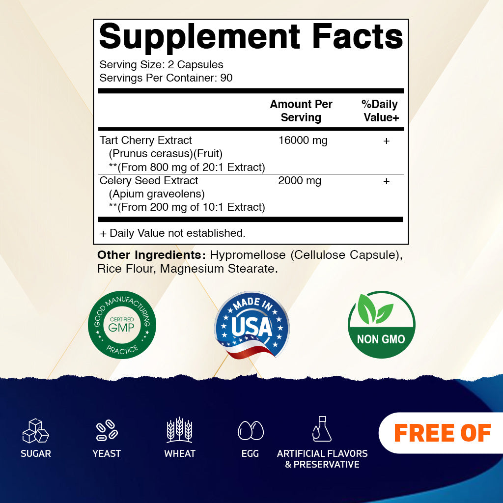 Tart Cherry with Celery Seed Concentrated Extracts - 18,000mg Equivalent Per Serving - 180 Veg Capsules