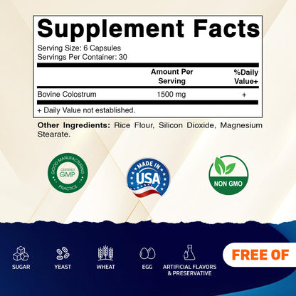 Vitamatic Bovine Colostrum 30% IgG Supplement 1500 mg per Serving-180 Veg Capsules