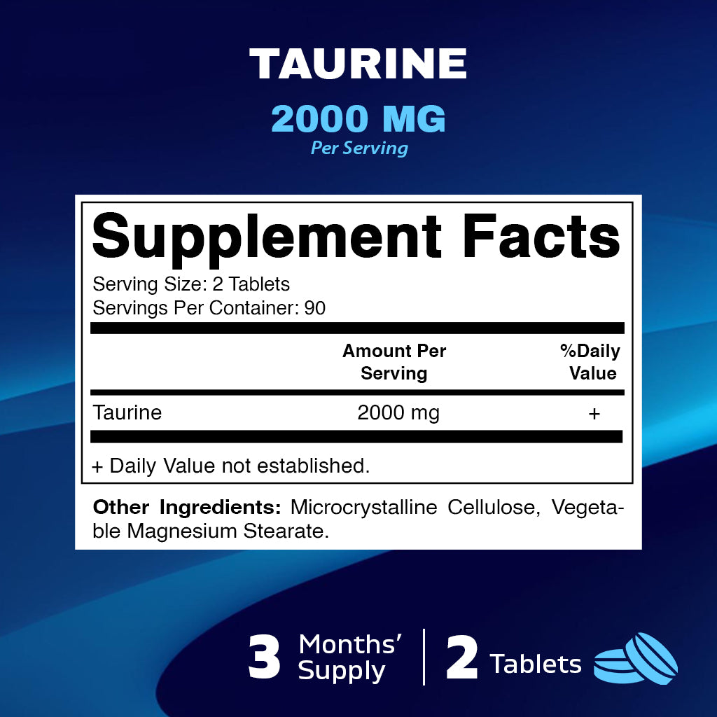 Taurine 2000mg Vegetarian Tablets, 180 Count, Non-GMO, Gluten Free