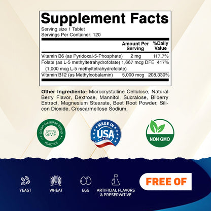 Methyl Folate & B12 Supplement with Pyridoxal 5 Phosphate  120 Fast Dissolve Tablets