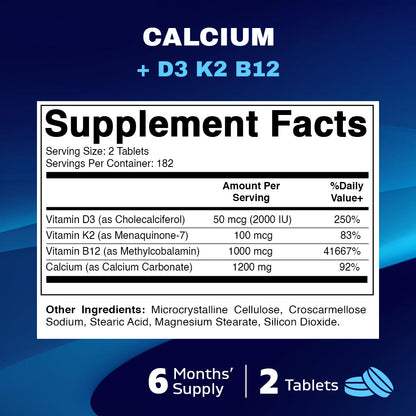 Vitamatic Calcium Supplement 1200mg with D3, K2 & B12, Immune & Bone Health Support - 365 Coated Tablets