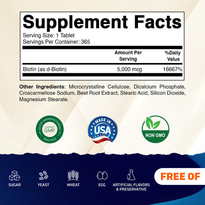 Biotin 5000mcg - 365 Vegan Tablets