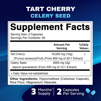 Tart Cherry with Celery Seed Concentrated Extracts - 18,000mg Equivalent Per Serving - 180 Veg Capsules