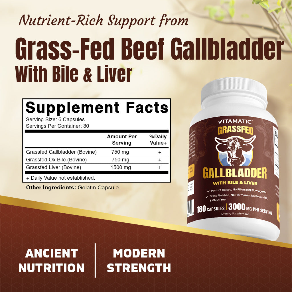 Vitamatic Grass-Fed Beef Gallblader with Bile & Liver 180 Capsules