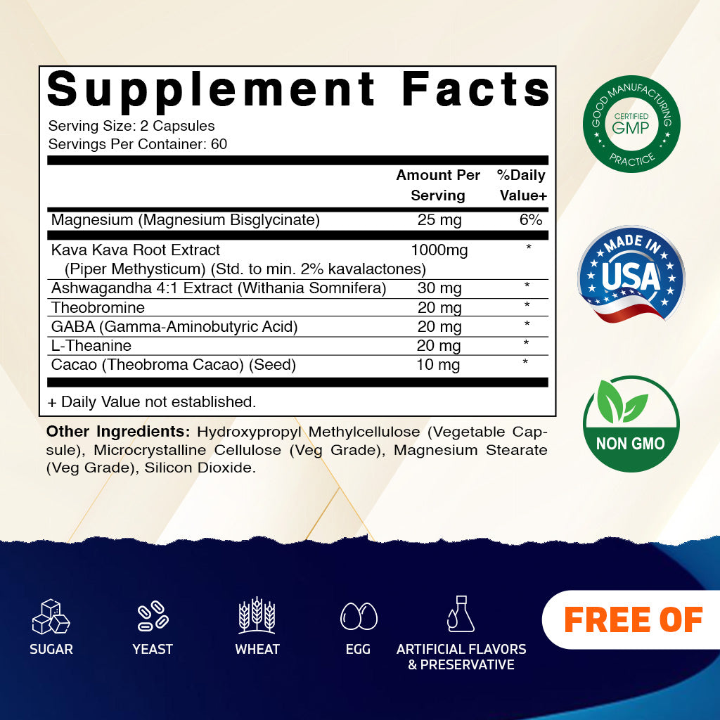 Kava Kava Extract 1000mg – Made with Magnesium, Ashwagandha, GABA, Theobromine, L-Theanine & Cacao – 120 Veg Capsules