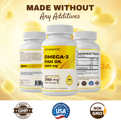 Triple Strength Omega 3 Fish Oil 3600mg Burpless Lemon Flavor - 180 Softgels