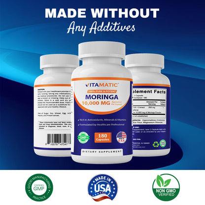 Moringa Capsules 10,000mg - 180 Capsules | Pure Moringa Oleifera Leaf Powder Supplement - Green Superfood Powder Capsules