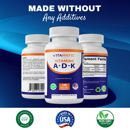 ADK Vitamin Supplement, 180 Veg Capsules (Vitamins A, D3, K2)