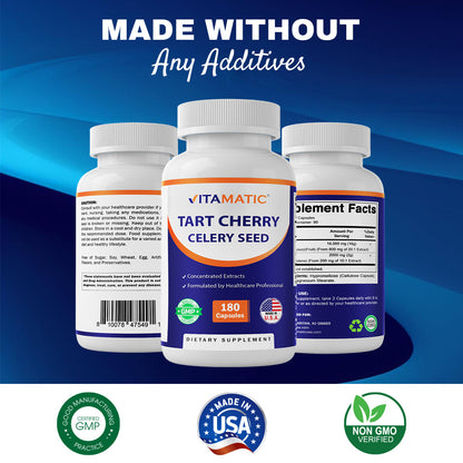 Tart Cherry with Celery Seed Concentrated Extracts - 18,000mg Equivalent Per Serving - 180 Veg Capsules