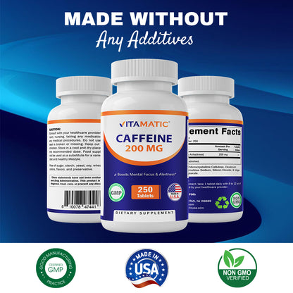 Caffeine Pills 200mg 250 Vegetarian Tablets