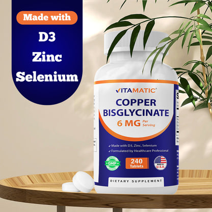Copper Bisglycinate 6 mg Made with Vitamin D3 2000 IU, Zinc 50mg, Selenium 50mcg - 240 Tablets